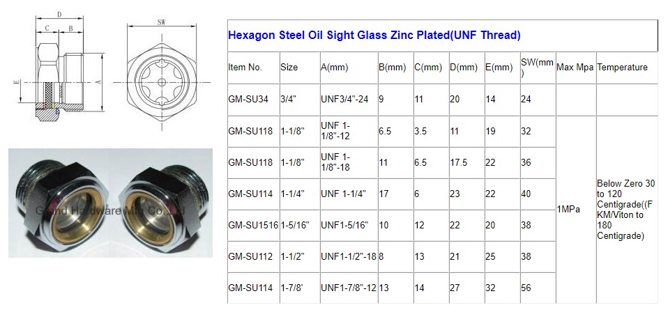 Hexagon Steel Oil Sight Glass Zinc Plated(UNF Thread).JPG